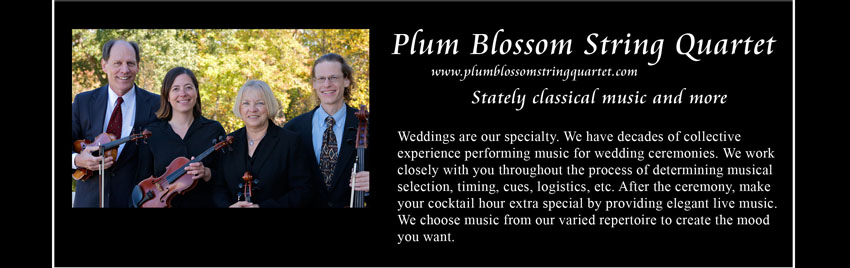 Plum Blossom String Quartet, www.plumblossomstringquartet.com, Stately classical music and more; Weddings are our specialty.
    We have decades of collective experience performing music for wedding ceremonies.
    We work closely with you throughout the process of determining musical selection, timing, cues, logistics, etc.
    After the ceremony, make your cocktail hour extra special by providing elegant live music.
    We choose music from our varied repertoire to create the mood you want.